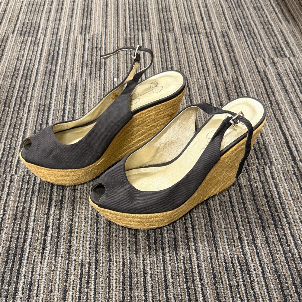 Jessica Simpson Black and Tan Espadrille Wedges